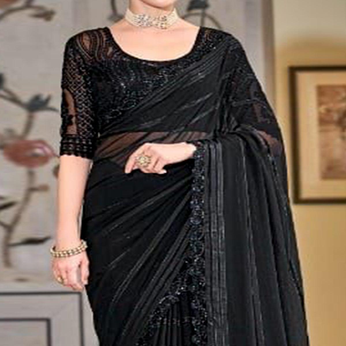Black Zari Striped Art Silk Saree - Peachmode