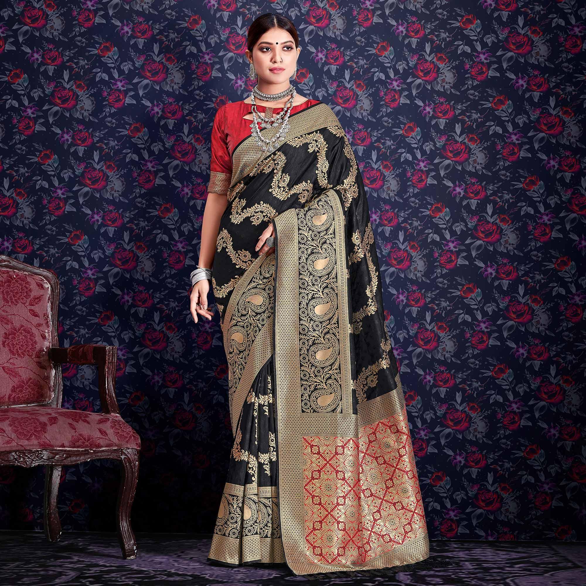 Black Zari Woven Art Silk Saree - Peachmode