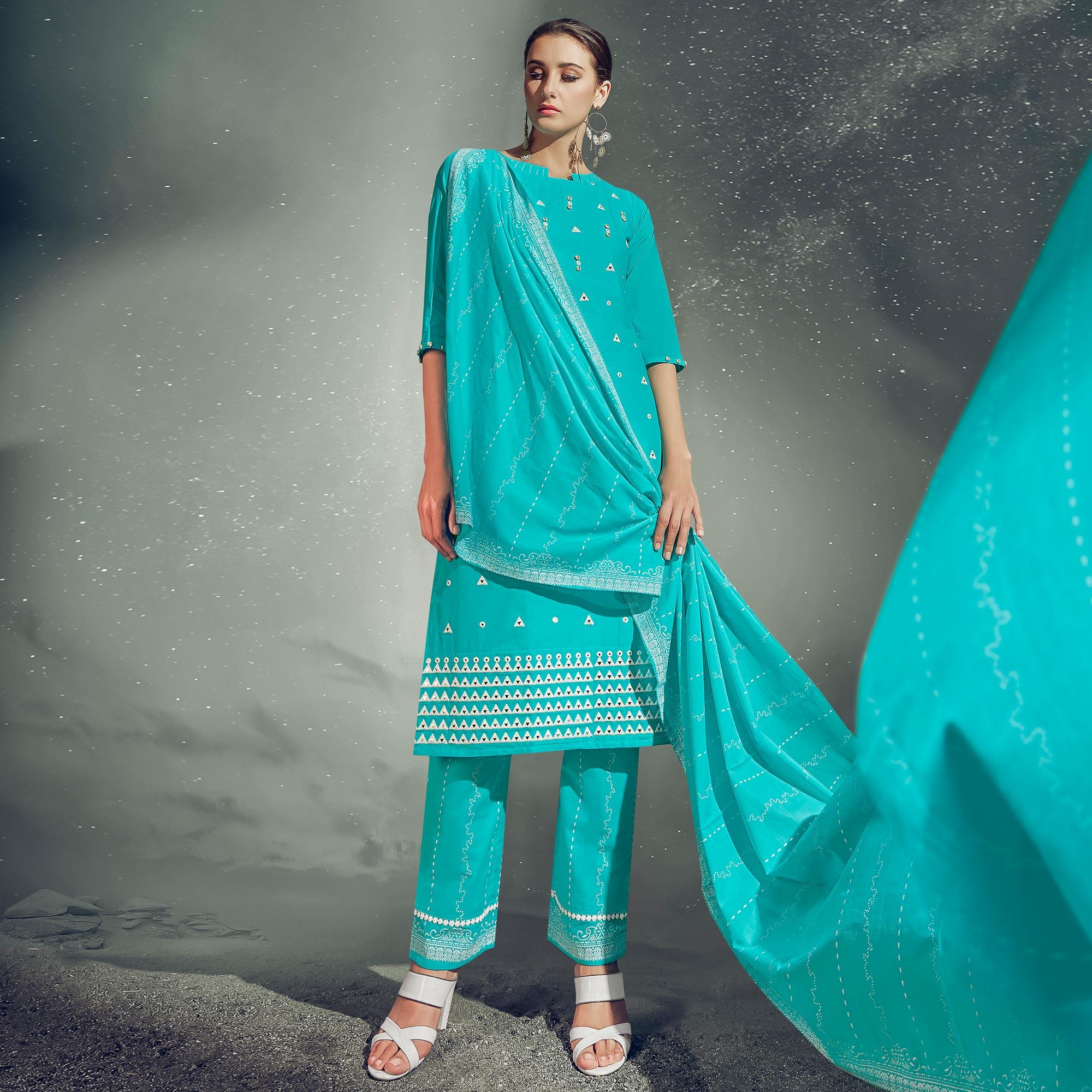 Blissful Aqua Blue Colored Partywear Embroidered Cotton Kurti-Pant Set With Dupatta - Peachmode