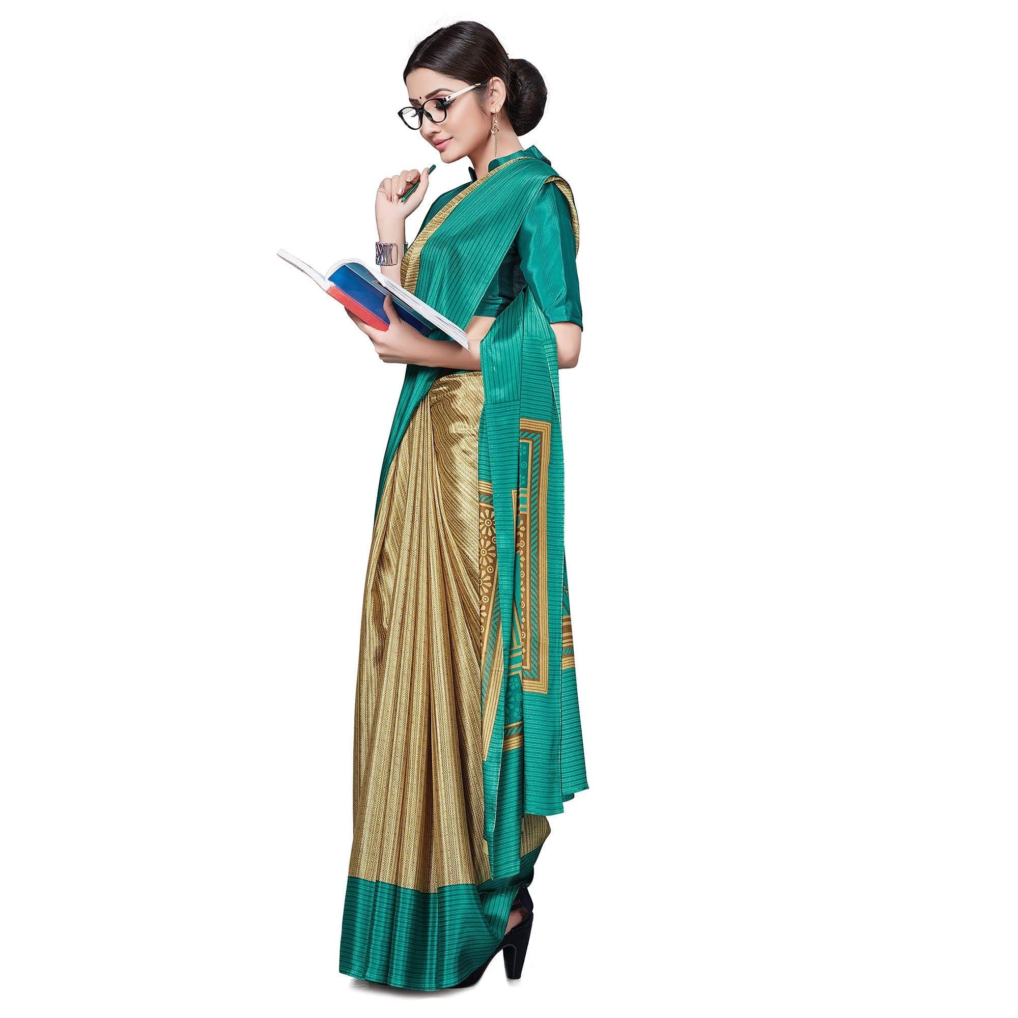 Blissful Beige-Green Colored Casual Wear Printed Crepe Saree - Peachmode