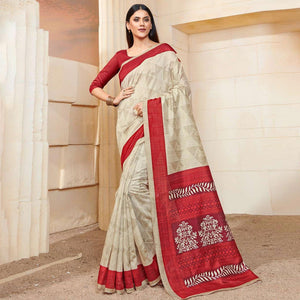 Blissful Beige - Red Colored Casual Wear Printed Bhagalpuri Silk Saree - Peachmode