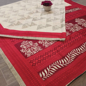 Blissful Beige - Red Colored Casual Wear Printed Bhagalpuri Silk Saree - Peachmode