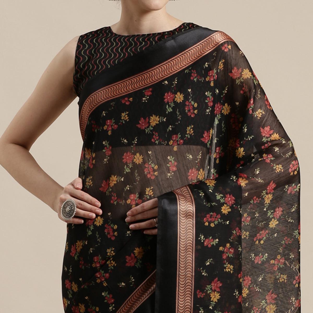 Blissful Black Colored Casual Wear Floral Printed Cotton Silk Saree - Peachmode