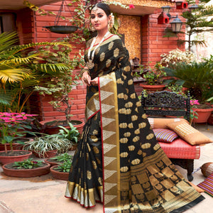 Blissful Black Colored Festive Wear Woven Cotton Handloom Saree - Peachmode