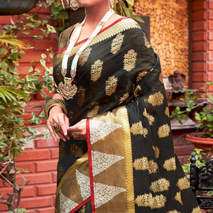 Blissful Black Colored Festive Wear Woven Cotton Handloom Saree - Peachmode