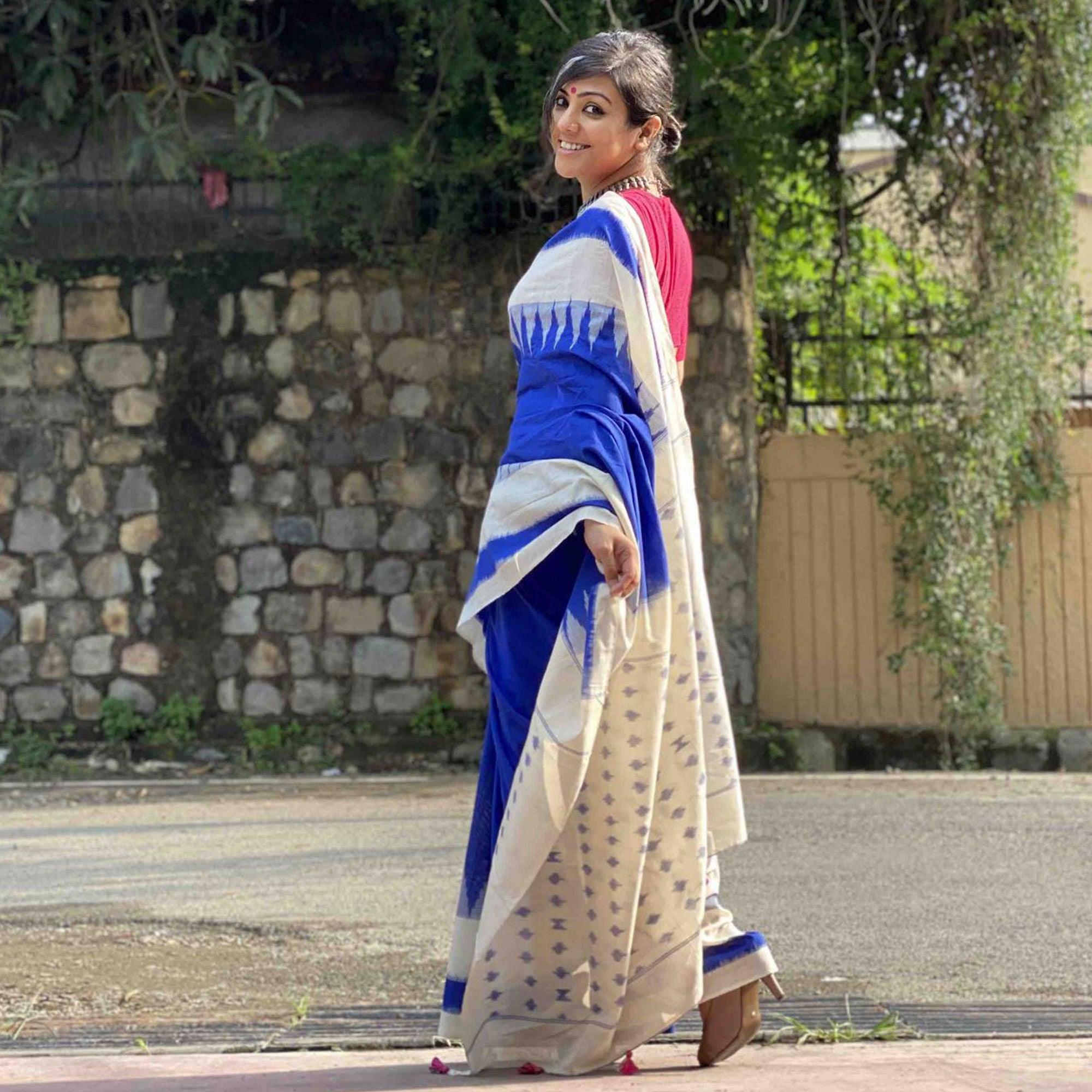 Blissful Blue Colored Casual Wear Printed Silk Saree - Peachmode