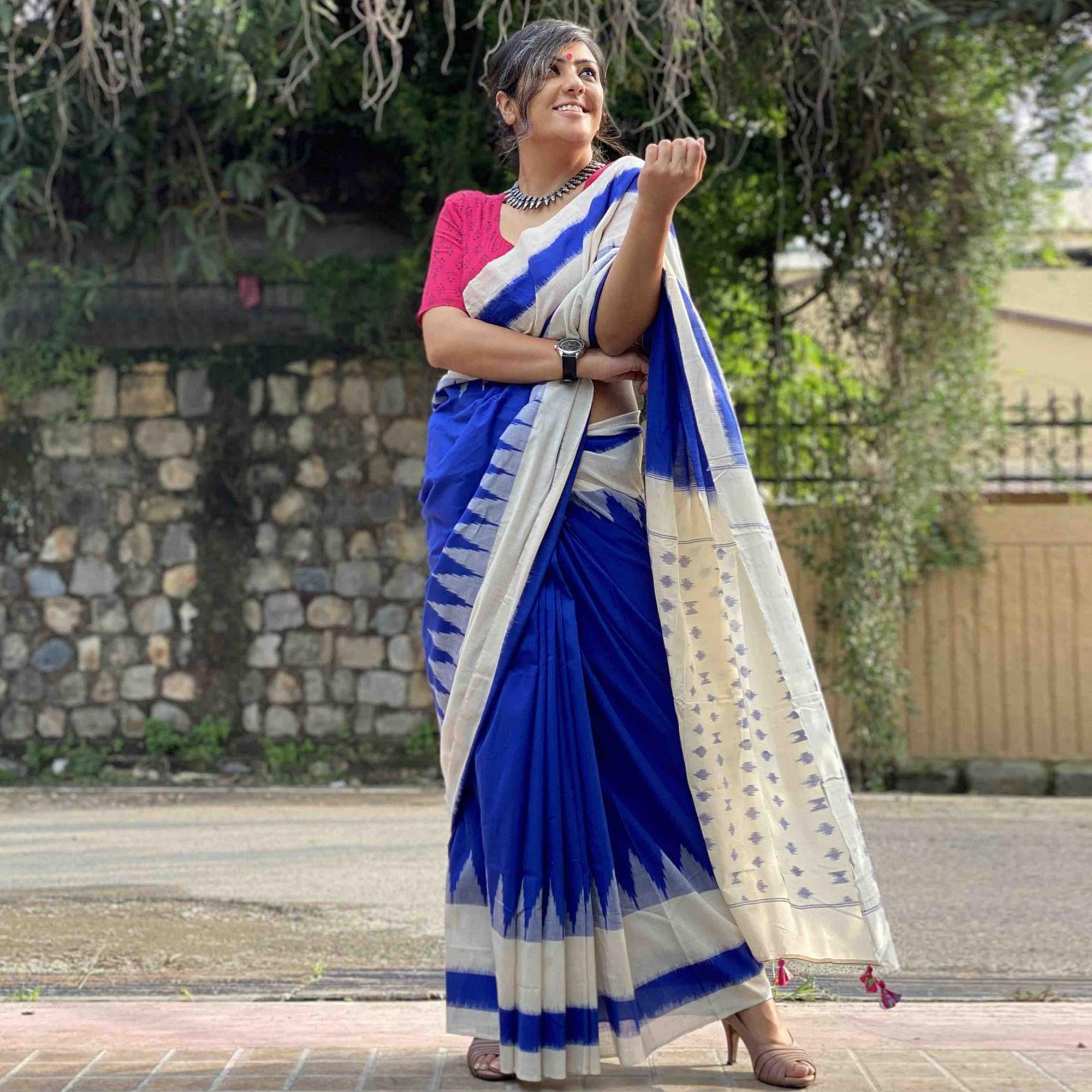 Blissful Blue Colored Casual Wear Printed Silk Saree - Peachmode