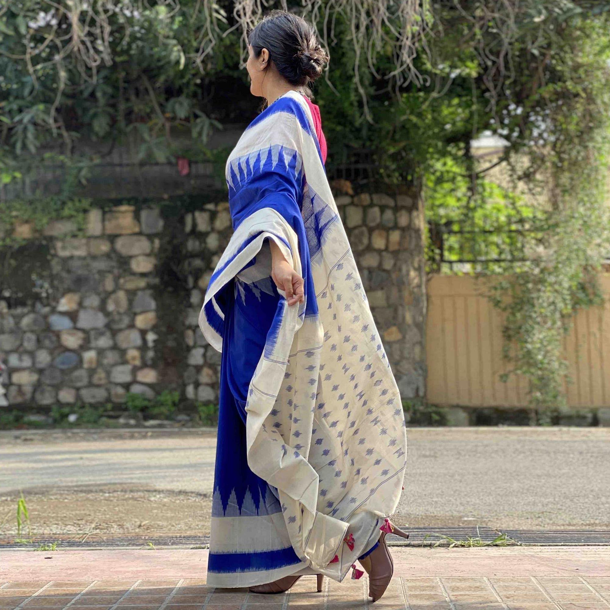 Blissful Blue Colored Casual Wear Printed Silk Saree - Peachmode