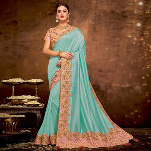 Blissful Blue Colored Partywear Embroidered Silk-Georgette Saree - Peachmode