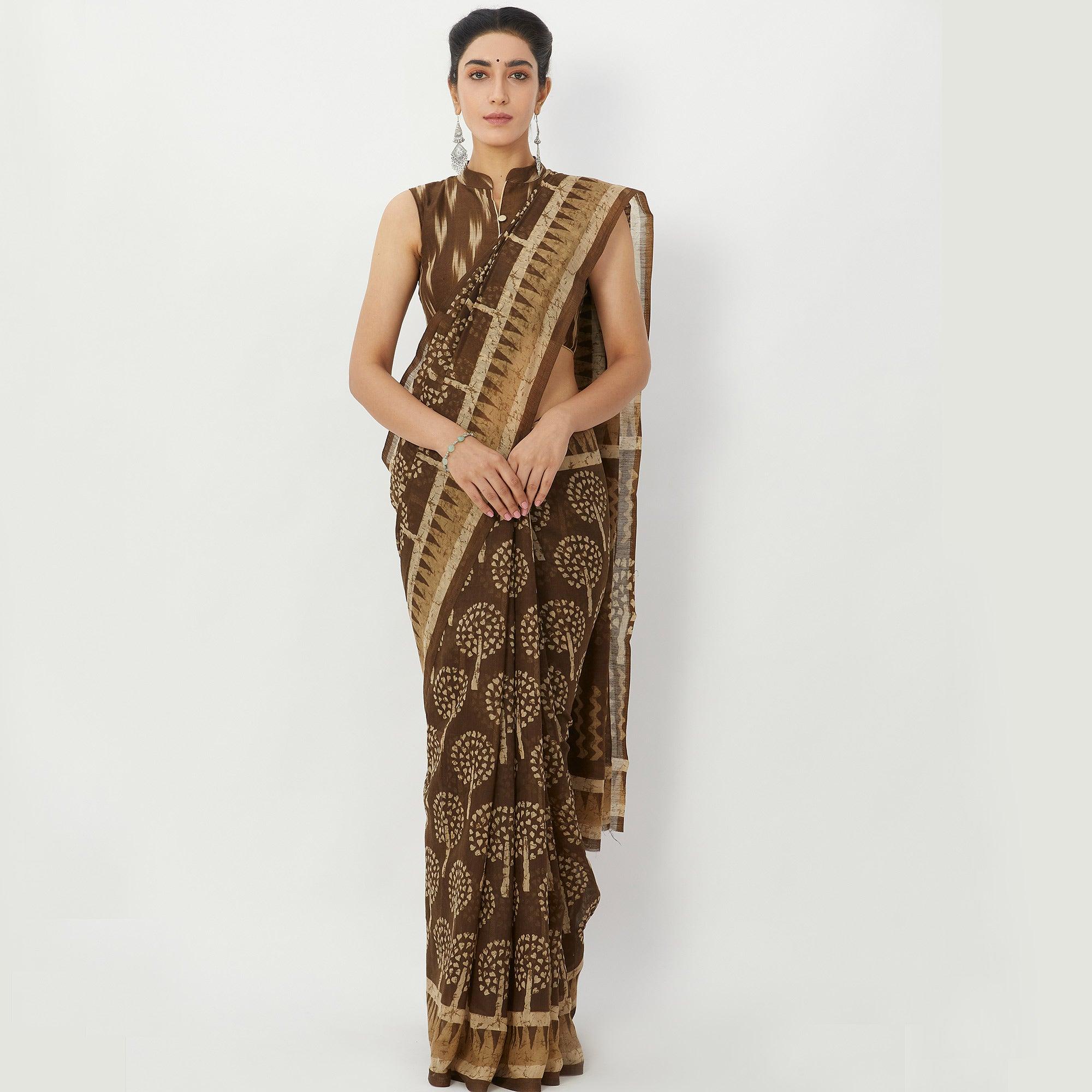 Blissful Brown Colored Casual Wear Floral Printed Linen Silk Saree - Peachmode