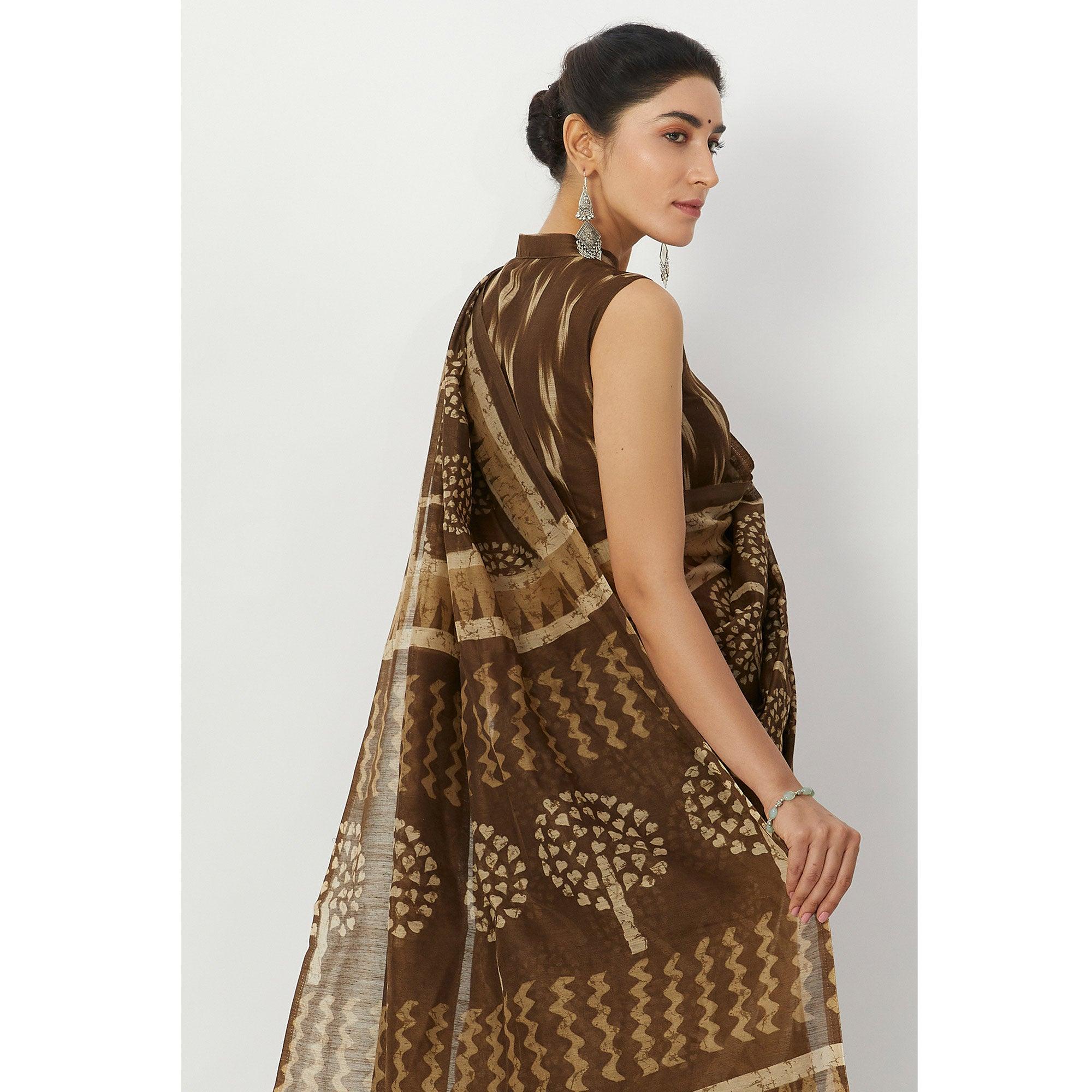 Blissful Brown Colored Casual Wear Floral Printed Linen Silk Saree - Peachmode