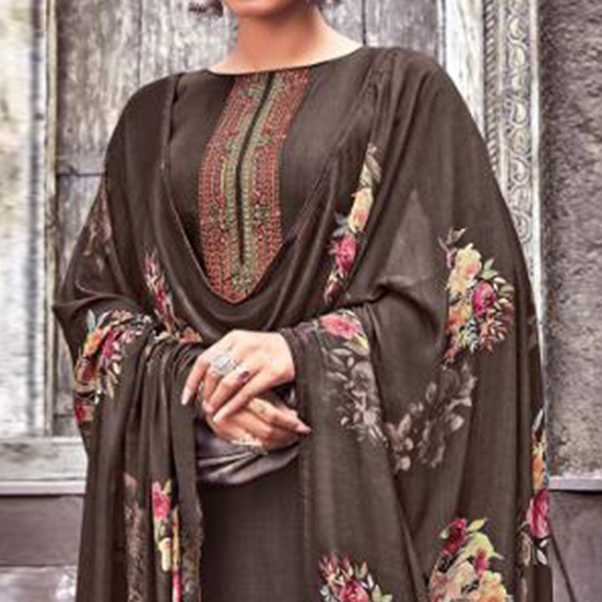 Blissful Brown Colored Partywear Printed Viscose Muslin Suit - Peachmode