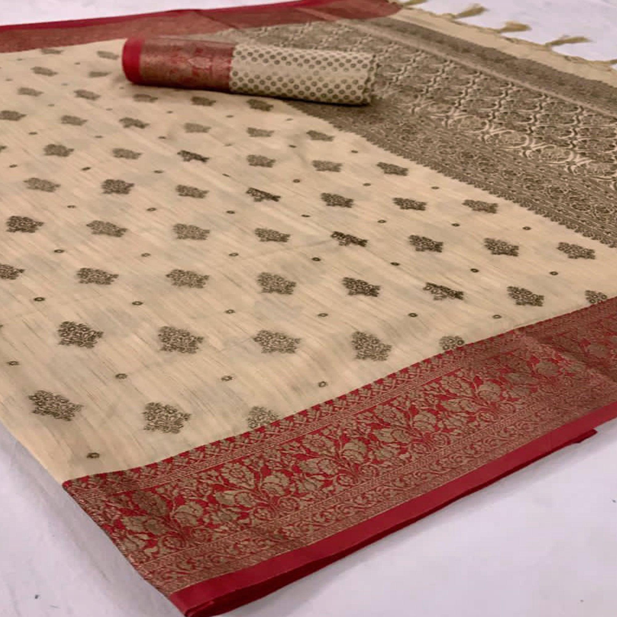 Blissful Cream Colored Festive Wear Woven Silk Saree - Peachmode