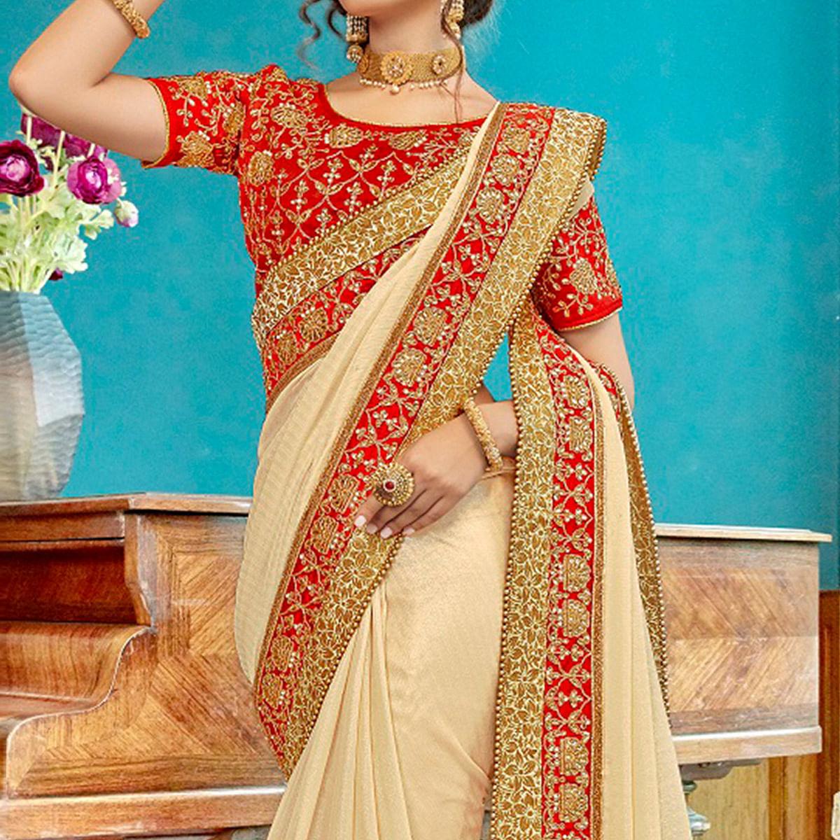 Blissful Cream Colored Partywear Embroidered Georgette Saree - Peachmode
