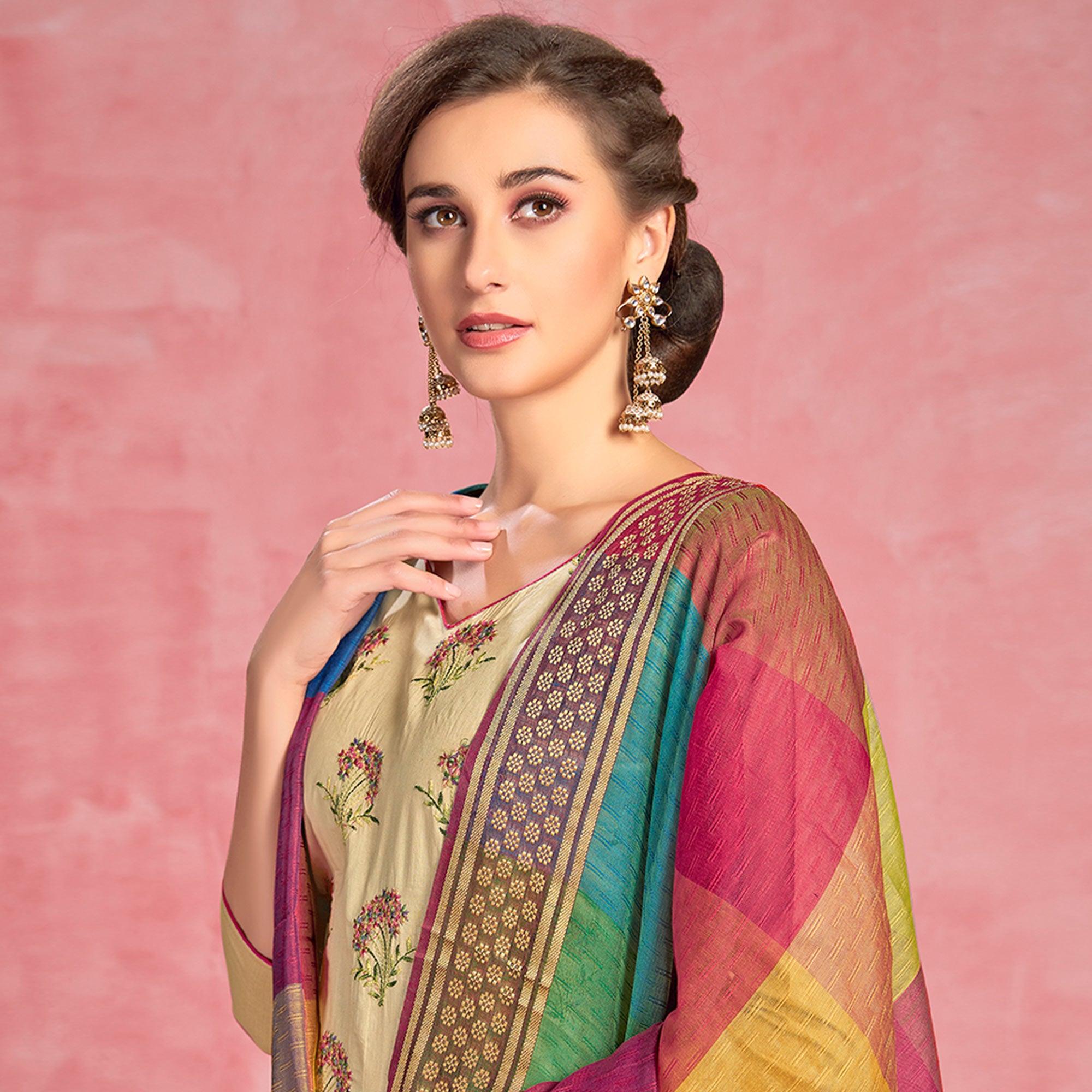 Blissful Cream Colored Partywear Embroidered Pure Cotton Dress Material - Peachmode