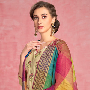 Blissful Cream Colored Partywear Embroidered Pure Cotton Dress Material - Peachmode