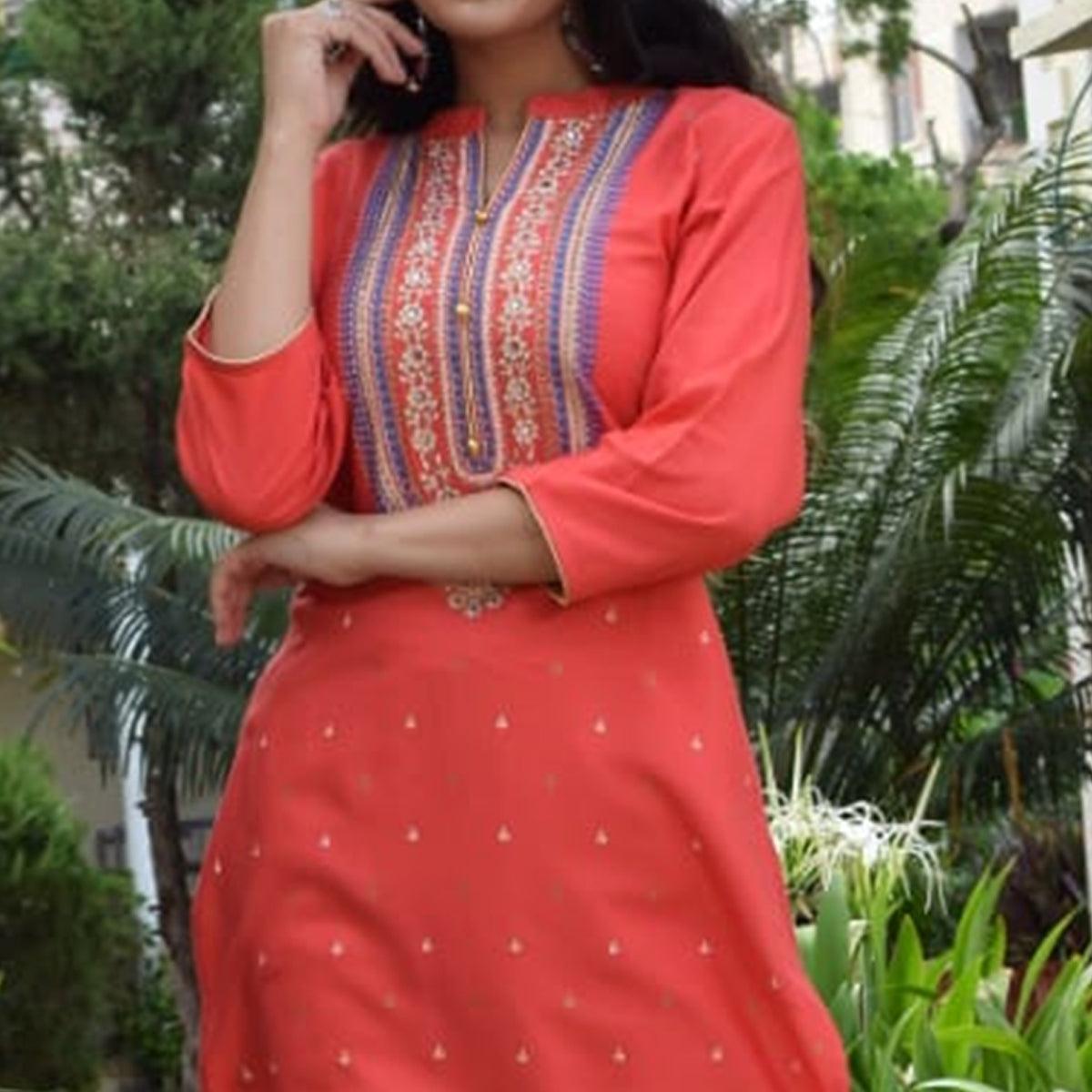 Blissful Dark Peach Colored Casual Wear Printed Cotton Kurti - Palazzo Set - Peachmode