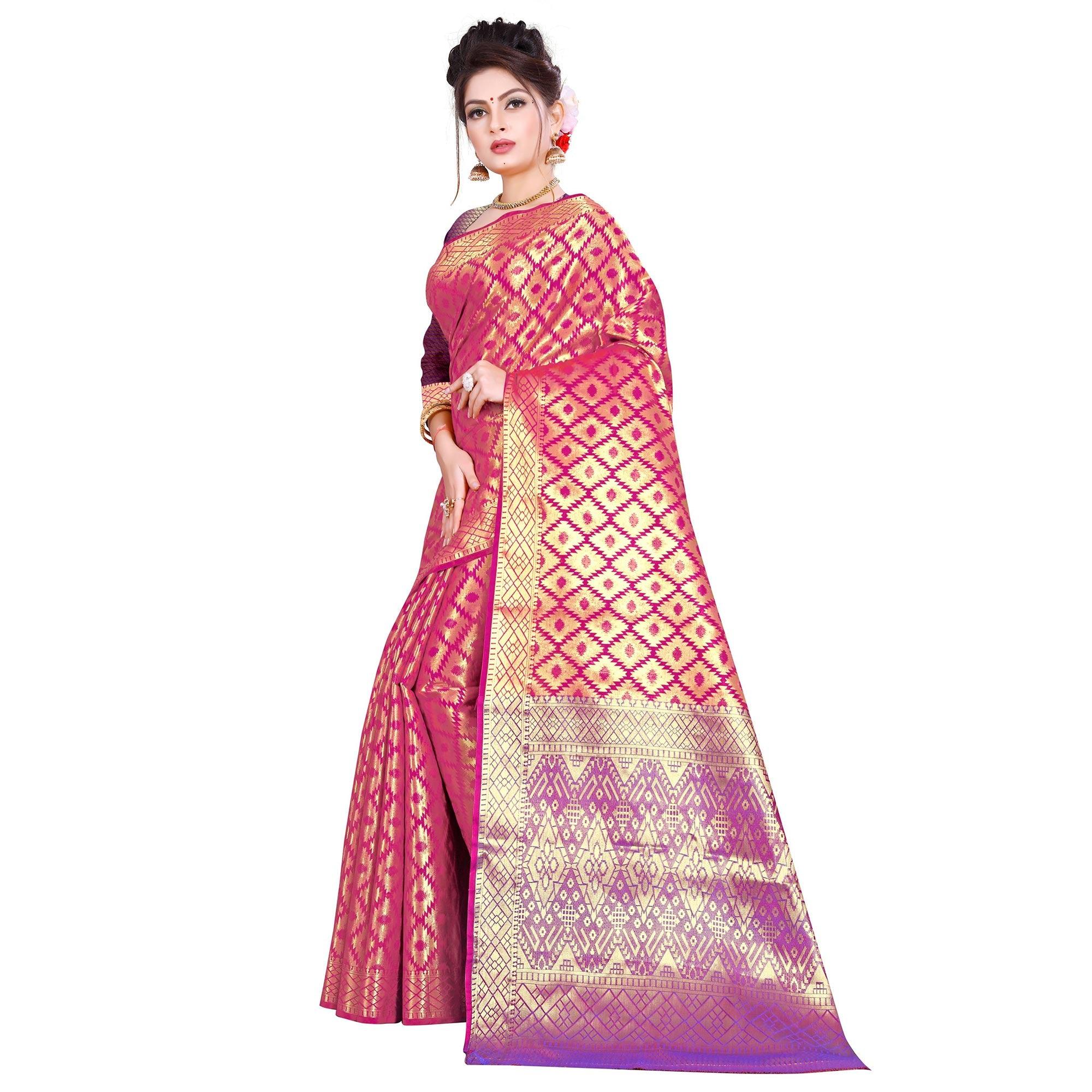 Blissful Dark Pink Colored Festive Wear Woven Kanjivaram Silk Saree - Peachmode