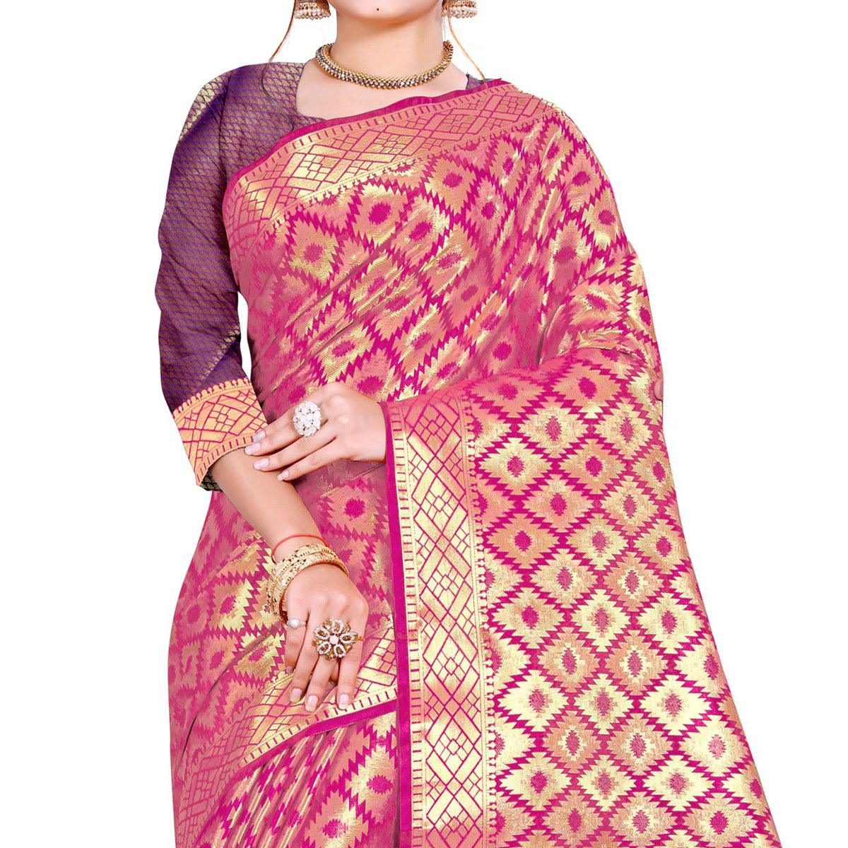 Blissful Dark Pink Colored Festive Wear Woven Kanjivaram Silk Saree - Peachmode