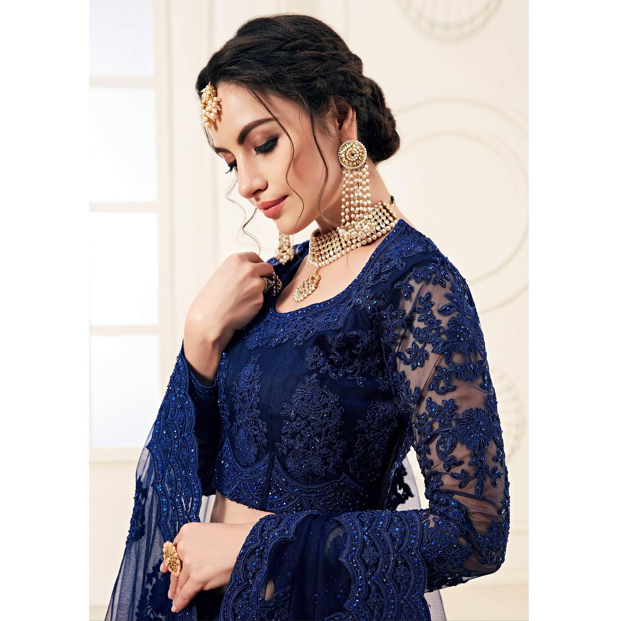 Blissful Deep Blue Colored Cording Embroidery Wedding Wear Net Lehenga Choli - Peachmode