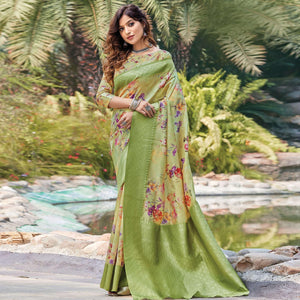 Blissful Green Colored Festive Wear Digital Printed Silk Saree - Peachmode