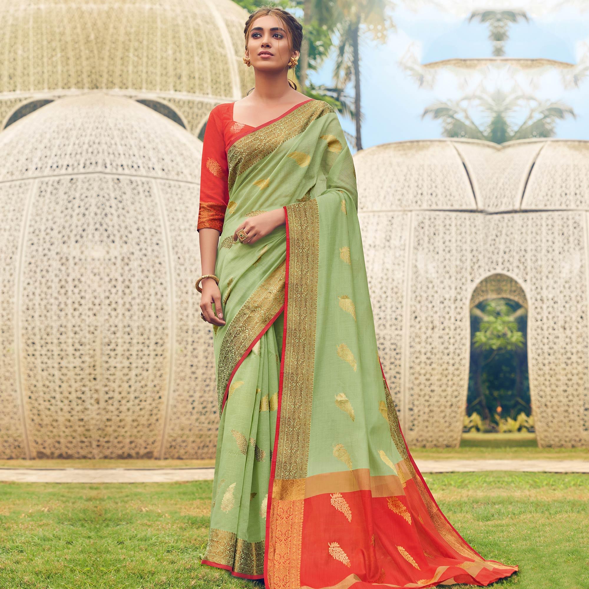 Blissful Green Colored Festive Wear Woven Cotton Handloom Saree - Peachmode