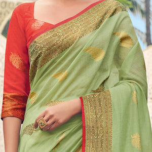 Blissful Green Colored Festive Wear Woven Cotton Handloom Saree - Peachmode
