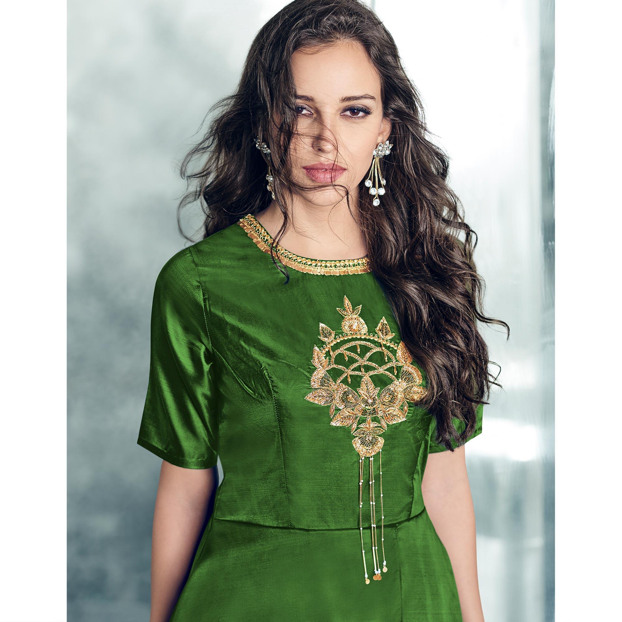 Blissful Green Colored Partywear Embroidered Tapetta-Satin Gown - Peachmode