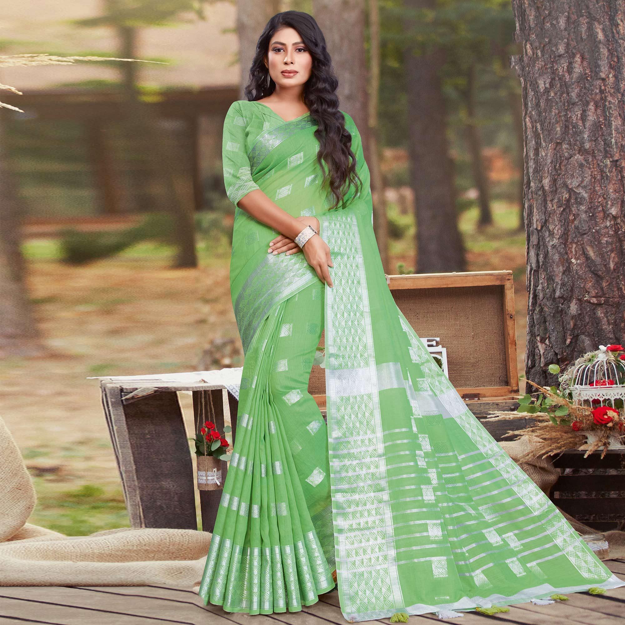 Blissful Green Coloured Partywear Woven Linen Cotton Saree - Peachmode