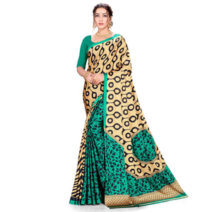 Blissful Green-Cream Colored Festive Wear Printed Satin Crepe Saree - Peachmode