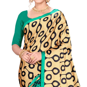 Blissful Green-Cream Colored Festive Wear Printed Satin Crepe Saree - Peachmode