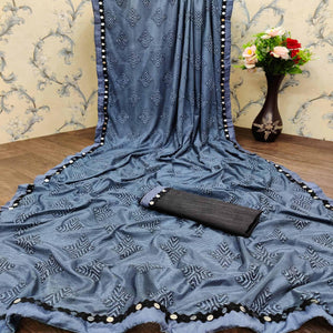 Blissful Grey Colored Festive Wear Woven Lycra Saree - Peachmode