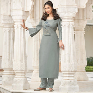 Blissful Grey Colored Partywear Embroidered Cotton Slub Kurti Palazzo Set - Peachmode