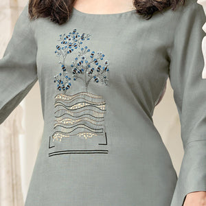 Blissful Grey Colored Partywear Embroidered Cotton Slub Kurti Palazzo Set - Peachmode