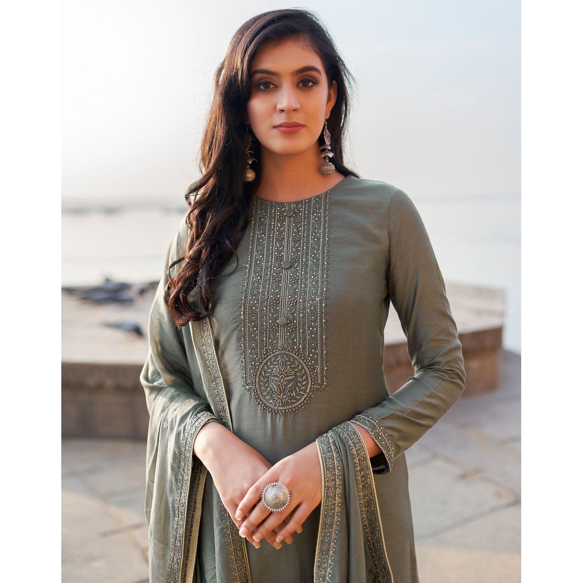Blissful Grey Coloured Handwork Partywear Cotton Silk Palazzo Suit - Peachmode