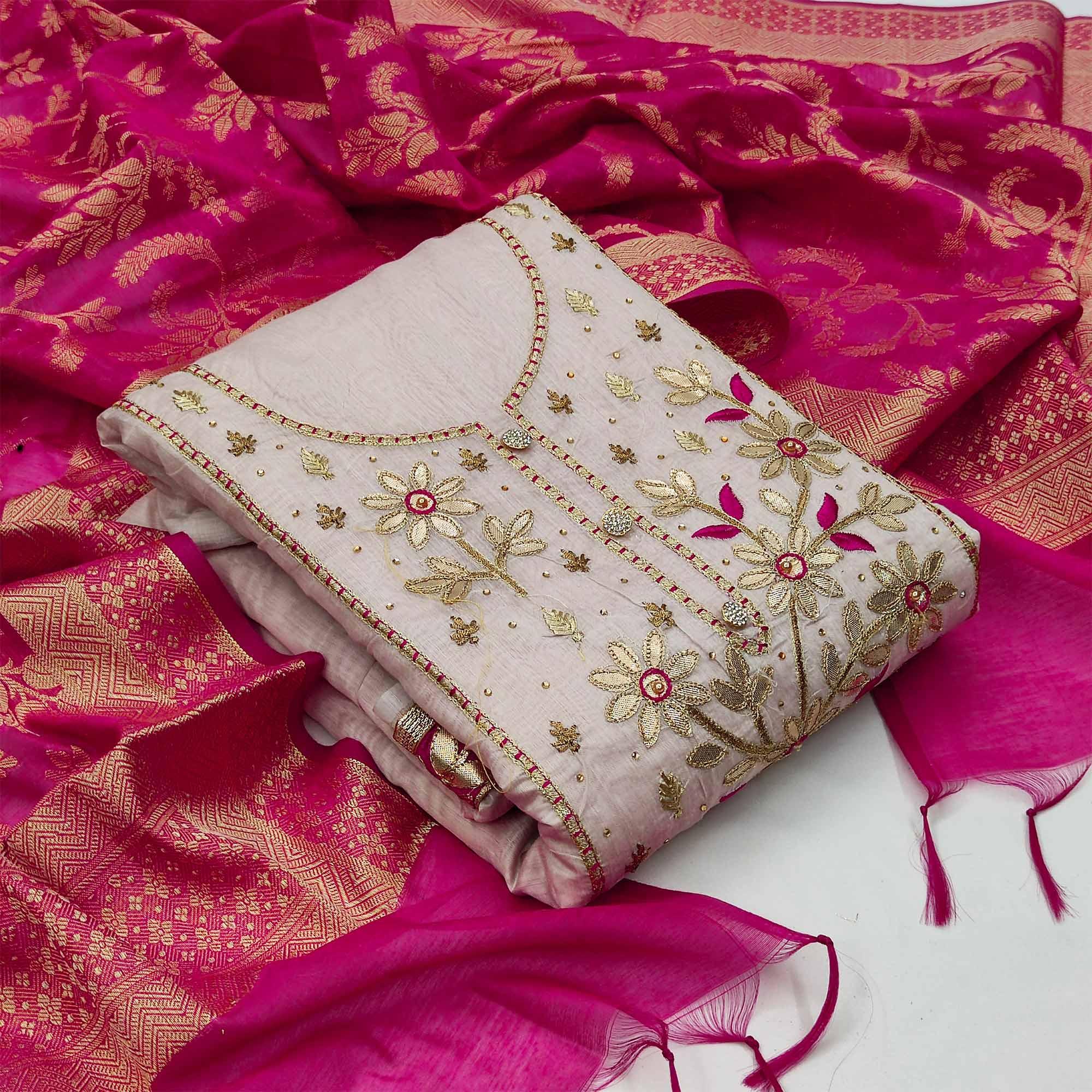 Blissful Light Beige Colored Casual Embroidered Chanderi Dress Material - Peachmode