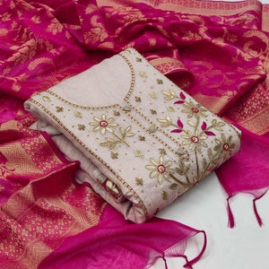 Blissful Light Beige Colored Casual Embroidered Chanderi Dress Material - Peachmode