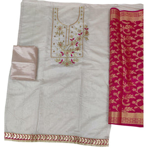 Blissful Light Beige Colored Casual Embroidered Chanderi Dress Material - Peachmode