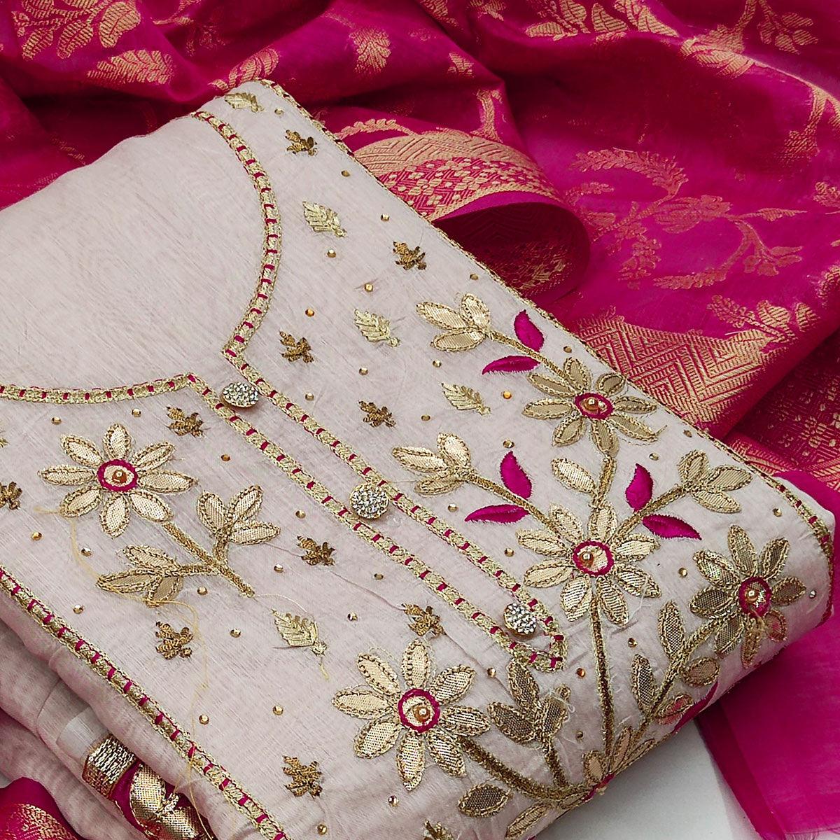 Blissful Light Beige Colored Casual Embroidered Chanderi Dress Material - Peachmode