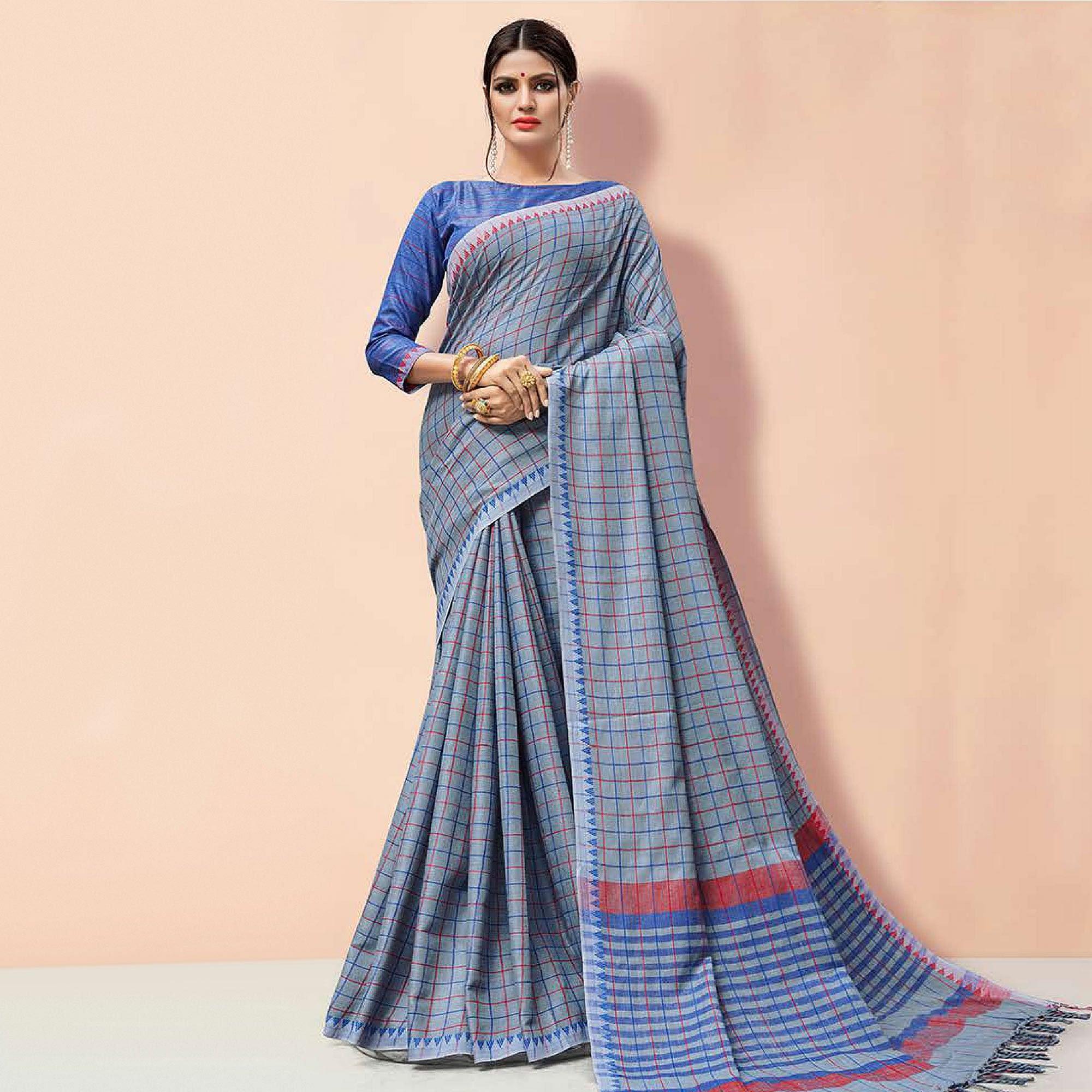 Blissful Light Blue Colored Partywear Printed Linen Cotton Saree - Peachmode