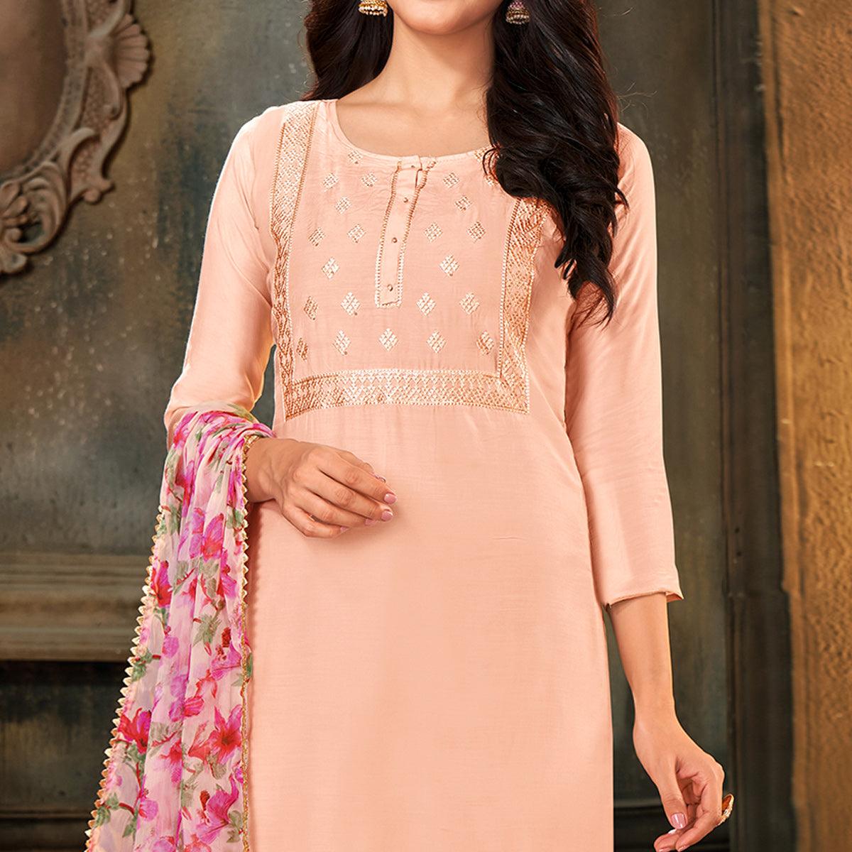 Blissful Light Pink Colored Partywear Embroidered Chanderi Dress Material - Peachmode