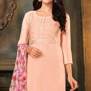 Blissful Light Pink Colored Partywear Embroidered Chanderi Dress Material - Peachmode