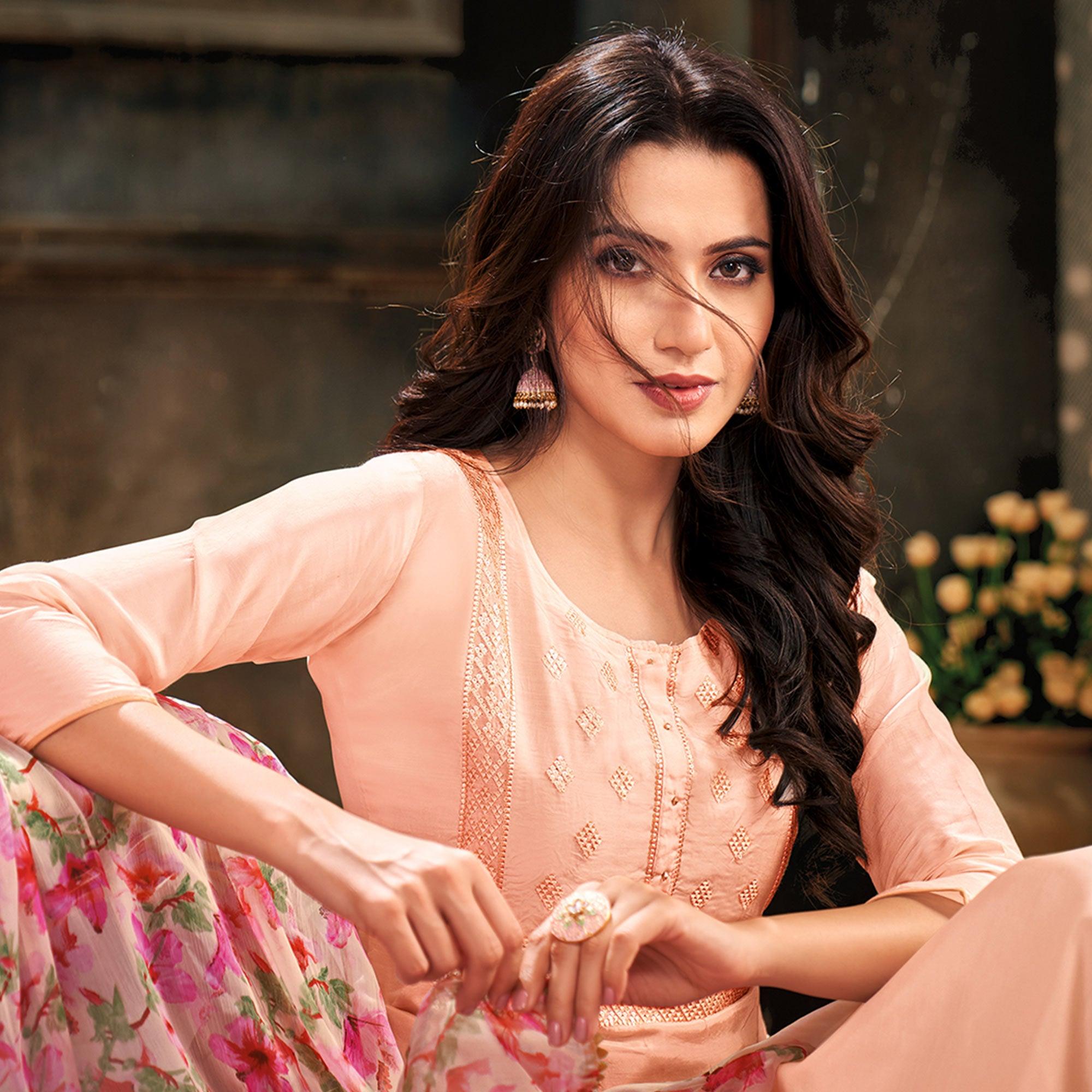 Blissful Light Pink Colored Partywear Embroidered Chanderi Dress Material - Peachmode