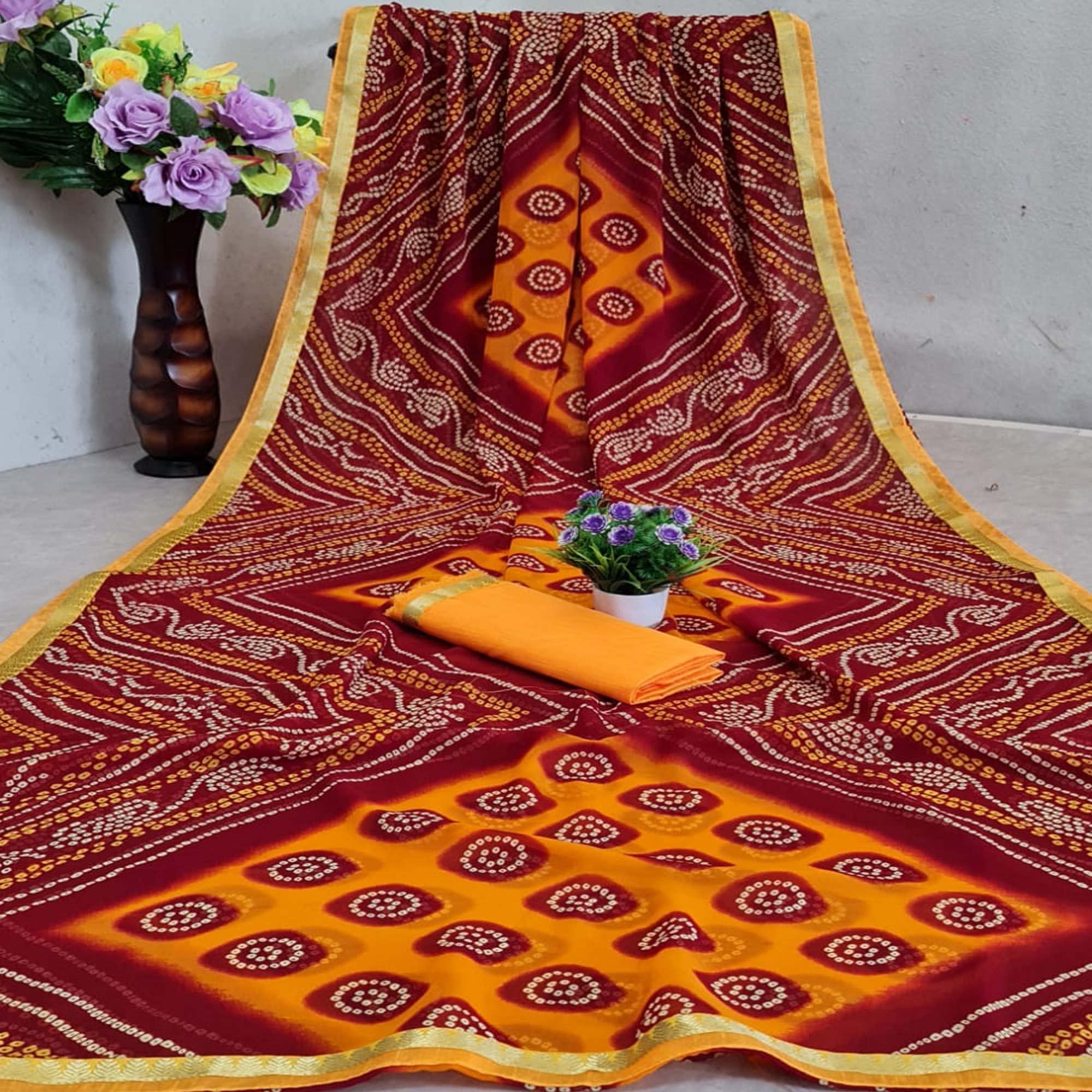 Blissful Maroon - Yellow Colored Festive Wear Woven Moss Georgette Saree - Peachmode