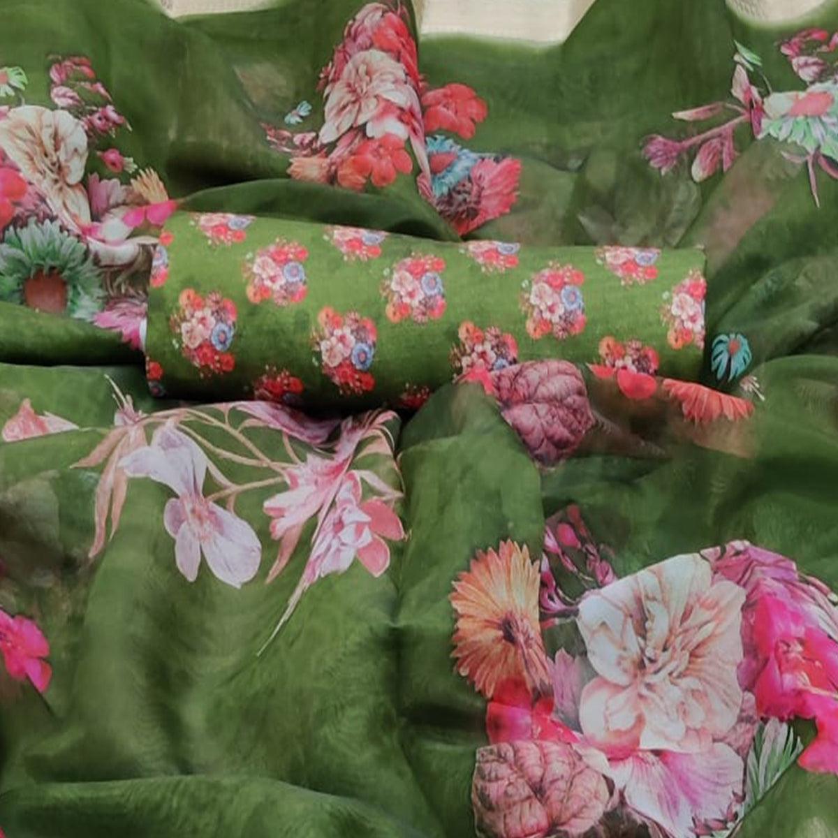 Blissful Mehendi Green Colored Partywear Digital Printed Georgette Saree - Peachmode