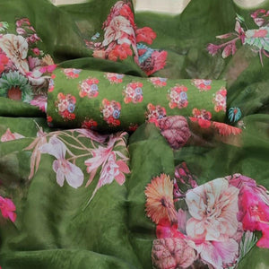 Blissful Mehendi Green Colored Partywear Digital Printed Georgette Saree - Peachmode