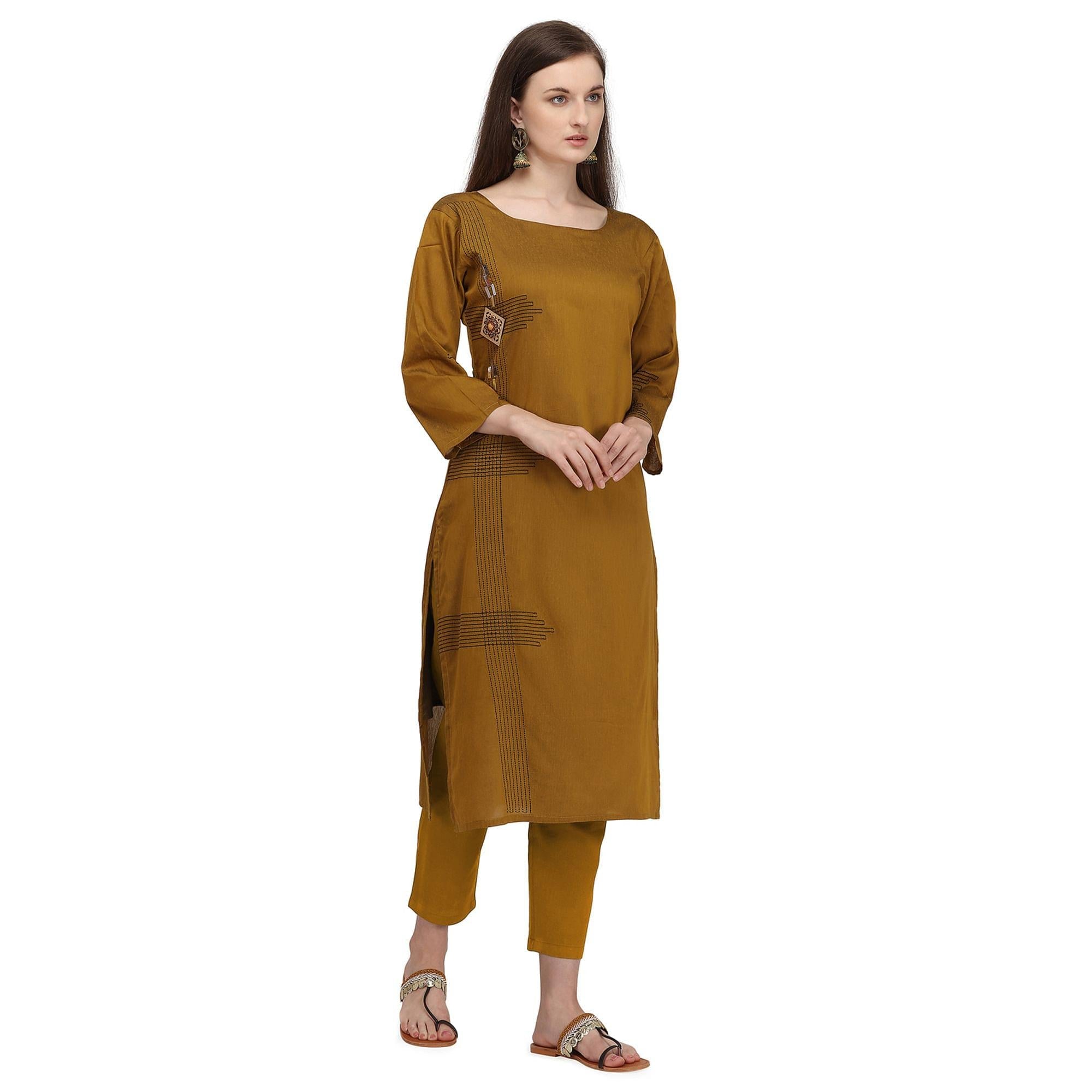 Blissful Mehendi Green Colored Partywear Embroidered Viscose Kurti - Peachmode