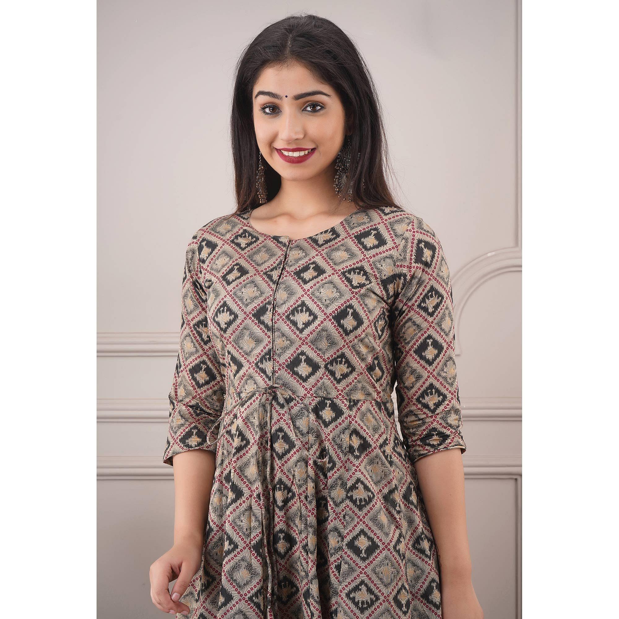 Blissful Multi Colored Casual Foil Printed Pure Chanderi Gown - Peachmode