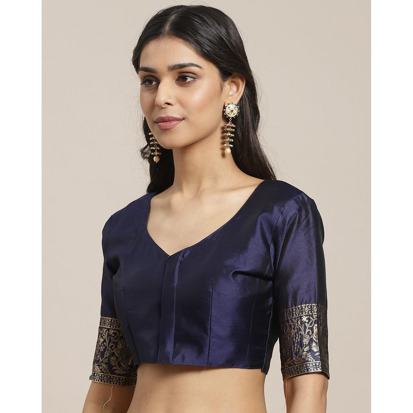 Blissful Navy Blue Colored Festive Wear Woven Silk Blend Saree - Peachmode