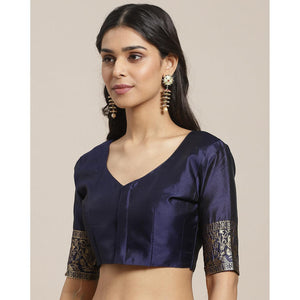 Blissful Navy Blue Colored Festive Wear Woven Silk Blend Saree - Peachmode